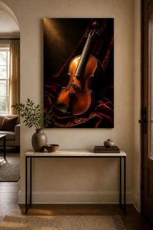 Keman Temalı Baskılı Cam Tablo – Klasik Müzik Dekoratif Duvar Tablosu