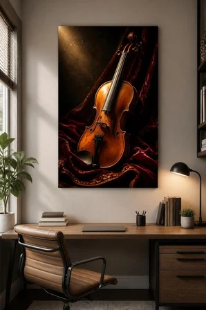 Keman Temalı Baskılı Cam Tablo – Klasik Müzik Dekoratif Duvar Tablosu
