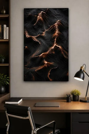 Siyah Bakır Topografik Desenli Baskılı Cam Tablo – Modern Duvar Dekoru