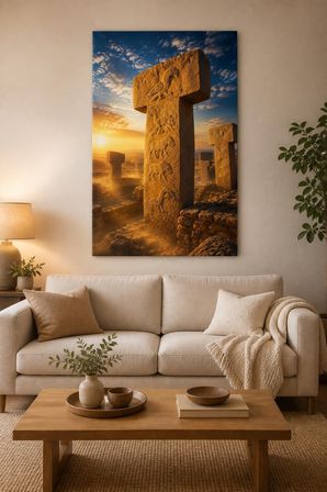 Göbeklitepe Taş Sütunları Baskılı Cam Tablo – Antik Tarih Duvar Dekoru