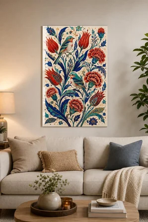 Osmanlı Motifli Kuş ve Lale Desenli Baskılı Cam Tablo – Dekoratif Duvar Sanatı