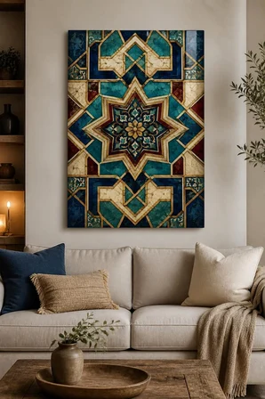 Selçuklu Geometrik Desenli Baskılı Cam Tablo – Lüks UV Baskı Duvar Dekoru