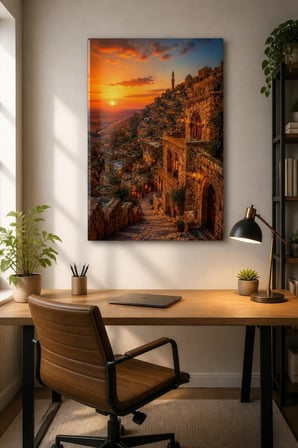 Mardin Taş Evleri Gün Batımı Baskılı Cam Tablo – Dekoratif Duvar Tablosu