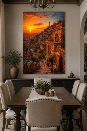 Mardin Taş Evleri Gün Batımı Baskılı Cam Tablo – Dekoratif Duvar Tablosu