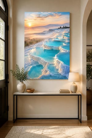 Pamukkale Manzaralı Baskılı Cam Tablo – Turkuaz Doğa Dekoru UV Baskı