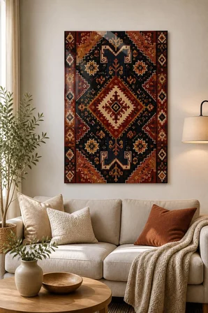 Anadolu Kilim Desenli Baskılı Cam Tablo – Geometrik Duvar Dekoru