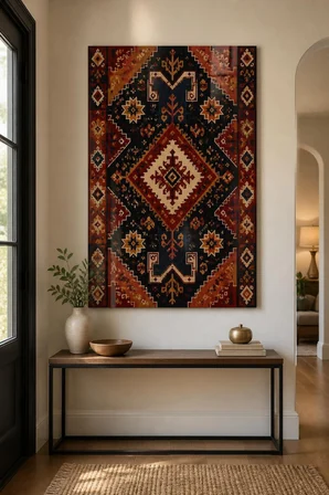 Anadolu Kilim Desenli Baskılı Cam Tablo – Geometrik Duvar Dekoru