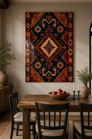 Anadolu Kilim Desenli Baskılı Cam Tablo – Geometrik Duvar Dekoru