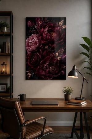 Bordo Şakayık Çiçekli Baskılı Cam Tablo – Premium Dekoratif Duvar Tablosu