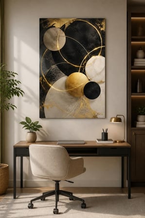Siyah Altın Geometrik Baskılı Cam Tablo – Modern Dekoratif Duvar Sanatı