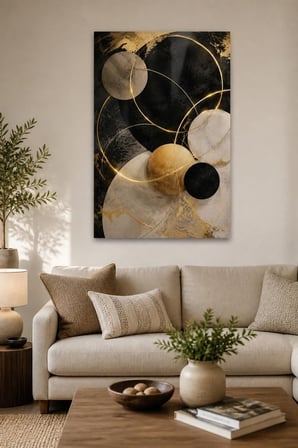 Siyah Altın Geometrik Baskılı Cam Tablo – Modern Dekoratif Duvar Sanatı