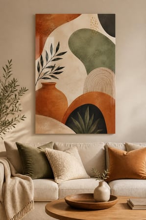 Terracotta Soyut Desenli Baskılı Cam Tablo – Modern Dekoratif Duvar Tablosu