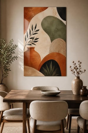 Terracotta Soyut Desenli Baskılı Cam Tablo – Modern Dekoratif Duvar Tablosu