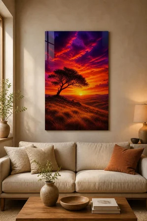 Gün Batımı Ağaç Manzaralı Baskılı Cam Tablo – UV Baskı Dekoratif Duvar Tablosu