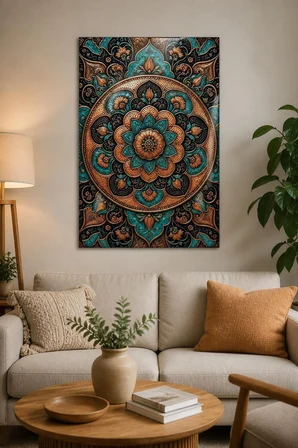 Otantik Mandala Desenli Baskılı Cam Tablo – Turkuaz Bakır Dekoratif Duvar Tablosu