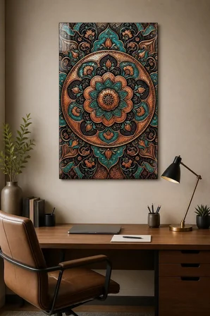 Otantik Mandala Desenli Baskılı Cam Tablo – Turkuaz Bakır Dekoratif Duvar Tablosu