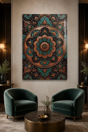 Otantik Mandala Desenli Baskılı Cam Tablo – Turkuaz Bakır Dekoratif Duvar Tablosu