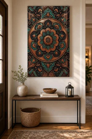 Otantik Mandala Desenli Baskılı Cam Tablo – Turkuaz Bakır Dekoratif Duvar Tablosu