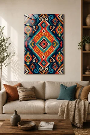 Etnik Kilim Desenli Baskılı Cam Tablo – Renkli Geometrik Dekoratif Duvar Tablosu