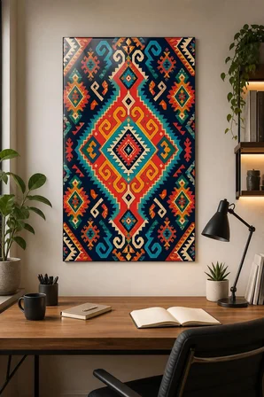 Etnik Kilim Desenli Baskılı Cam Tablo – Renkli Geometrik Dekoratif Duvar Tablosu