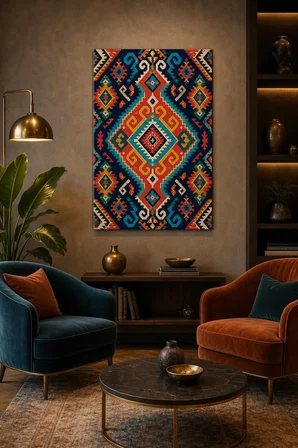 Etnik Kilim Desenli Baskılı Cam Tablo – Renkli Geometrik Dekoratif Duvar Tablosu