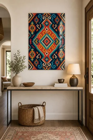 Etnik Kilim Desenli Baskılı Cam Tablo – Renkli Geometrik Dekoratif Duvar Tablosu