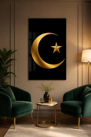 Altın Ay Yıldız Baskılı Cam Tablo – Temperli Cam Modern Duvar Dekoru