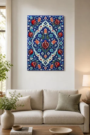 Osmanlı Çini Desenli Baskılı Cam Tablo – Nar ve Lale Motifli UV Baskı Duvar Dekoru