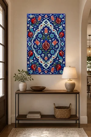 Osmanlı Çini Desenli Baskılı Cam Tablo – Nar ve Lale Motifli UV Baskı Duvar Dekoru