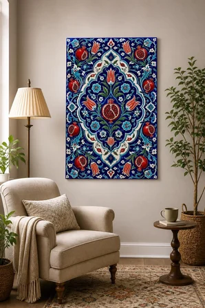 Osmanlı Çini Desenli Baskılı Cam Tablo – Nar ve Lale Motifli UV Baskı Duvar Dekoru