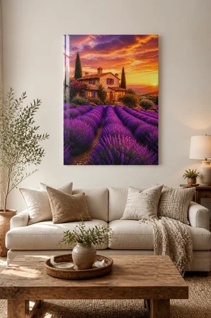 Lavanta Bahçesi Baskılı Cam Tablo – Provence Manzara UV Baskı Duvar Dekoru