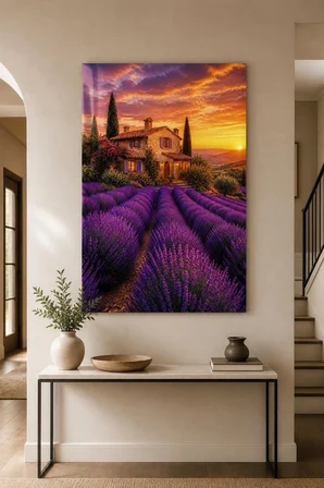 Lavanta Bahçesi Baskılı Cam Tablo – Provence Manzara UV Baskı Duvar Dekoru
