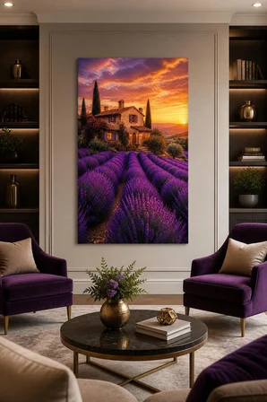 Lavanta Bahçesi Baskılı Cam Tablo – Provence Manzara UV Baskı Duvar Dekoru
