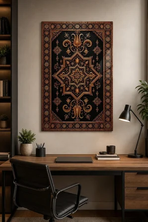 Osmanlı Motifli Baskılı Cam Tablo – Gold Siyah Klasik Dekoratif Duvar Tablosu