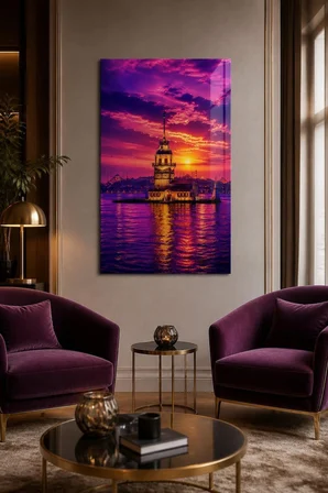 Kız Kulesi Gün Batımı Baskılı Cam Tablo – İstanbul Manzaralı UV Baskı Duvar Tablosu