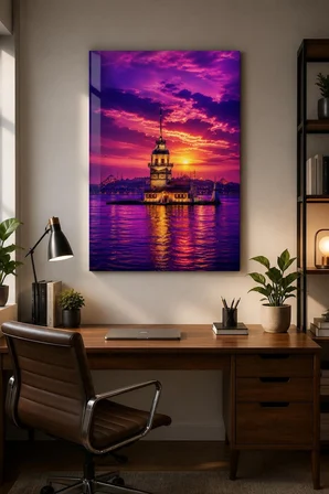 Kız Kulesi Gün Batımı Baskılı Cam Tablo – İstanbul Manzaralı UV Baskı Duvar Tablosu