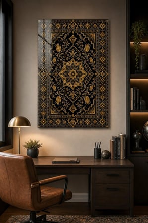 Osmanlı Motifli Baskılı Cam Tablo – Gold Siyah Klasik Dekoratif Duvar Tablosu