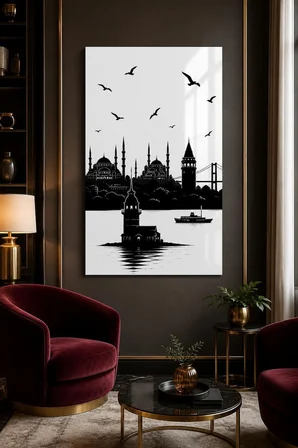 İstanbul Silüeti Baskılı Cam Tablo – Siyah Beyaz UV Baskı Dekoratif Duvar Tablosu