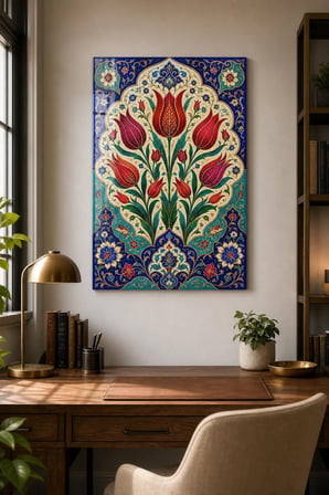 Osmanlı Lale Desenli Baskılı Cam Tablo – UV Baskı Dekoratif Duvar Tablosu