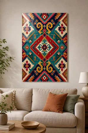 Etnik Kilim Desenli Baskılı Cam Tablo – Renkli Geometrik Dekoratif Duvar Tablosu