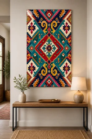 Etnik Kilim Desenli Baskılı Cam Tablo – Renkli Geometrik Dekoratif Duvar Tablosu