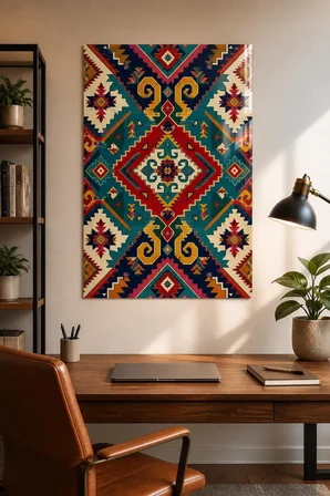 Etnik Kilim Desenli Baskılı Cam Tablo – Renkli Geometrik Dekoratif Duvar Tablosu