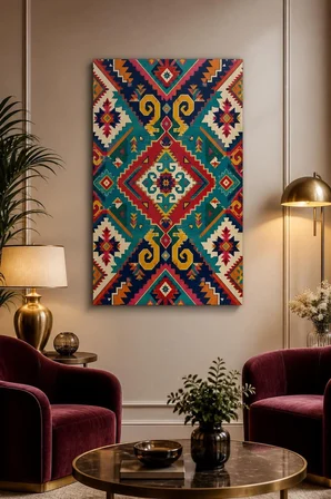 Etnik Kilim Desenli Baskılı Cam Tablo – Renkli Geometrik Dekoratif Duvar Tablosu