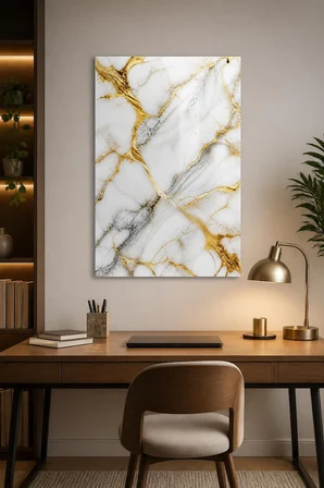 Mermer Gold Desenli Baskılı Cam Tablo – Lüks UV Baskı Dekoratif Duvar Tablosu
