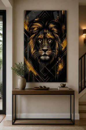 Aslan Desenli Baskılı Cam Tablo – Siyah Gold UV Baskı Dekoratif Duvar Tablosu