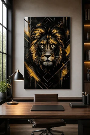Aslan Desenli Baskılı Cam Tablo – Siyah Gold UV Baskı Dekoratif Duvar Tablosu