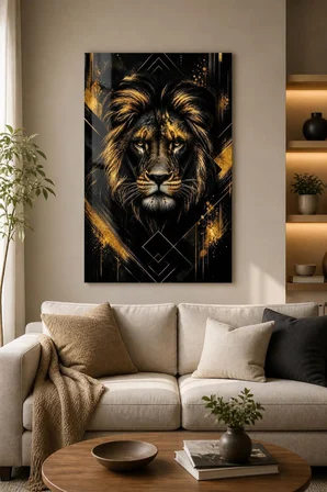 Aslan Desenli Baskılı Cam Tablo – Siyah Gold UV Baskı Dekoratif Duvar Tablosu