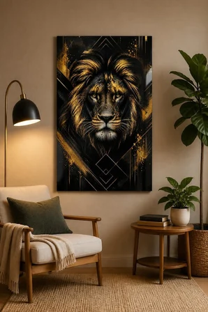 Aslan Desenli Baskılı Cam Tablo – Siyah Gold UV Baskı Dekoratif Duvar Tablosu
