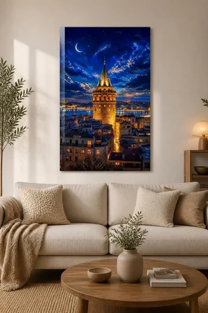 Galata Kulesi Desenli Baskılı Cam Tablo – İstanbul Gece Manzaralı UV Duvar Tablosu