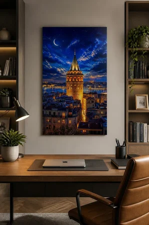 Galata Kulesi Desenli Baskılı Cam Tablo – İstanbul Gece Manzaralı UV Duvar Tablosu